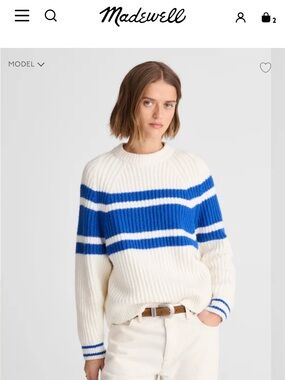 Madewell white & Blue Striped Raglan Ribbed Crewneck Sweater. Size large.